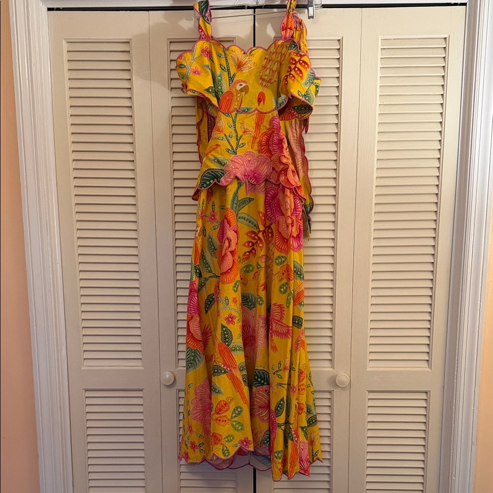 Farm Rio Anthropologie Open-Back Vibrant Pink Yellow Floral Dress, M, BNWT